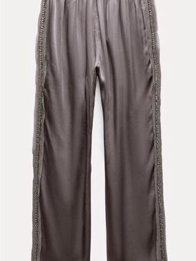 Zara Satin Wide-Leg Pants with Beaded Side Trim — Taupe Gray